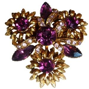 Vintage Gold Tone Purple Rhinestone Floral Cluster Brooch Statement Pin 2.25in